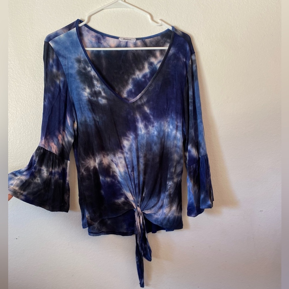 Westport Navy & Light Blue Tie-Dye V-Neck Tie-Front Blouse